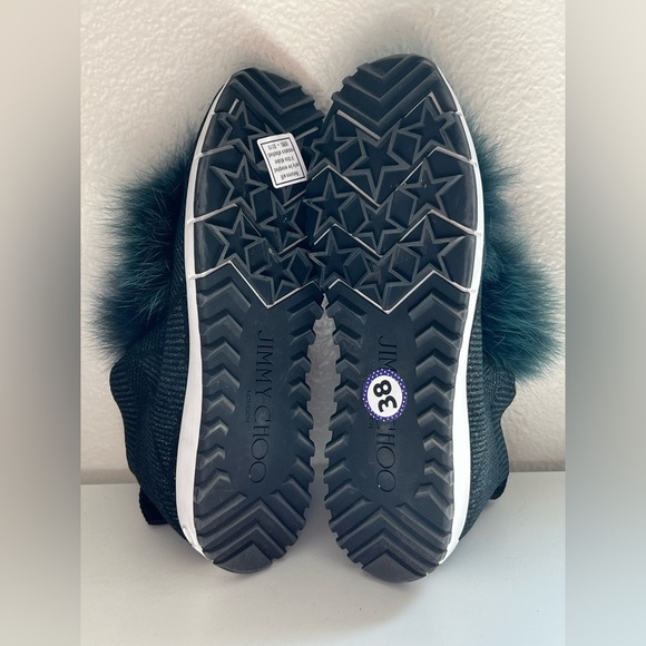 Jimmy Choo Norway Mink Fur & Metallic Green Knit Slip-On Sneakers Size 38 - Picture 8 of 12